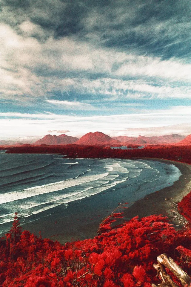 Infrared view of a curving bay with long lines of surf under dramatic clouds
